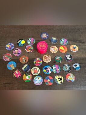POG Officially Licensed Pink Small Milkcap Container And Over 25 Pogs